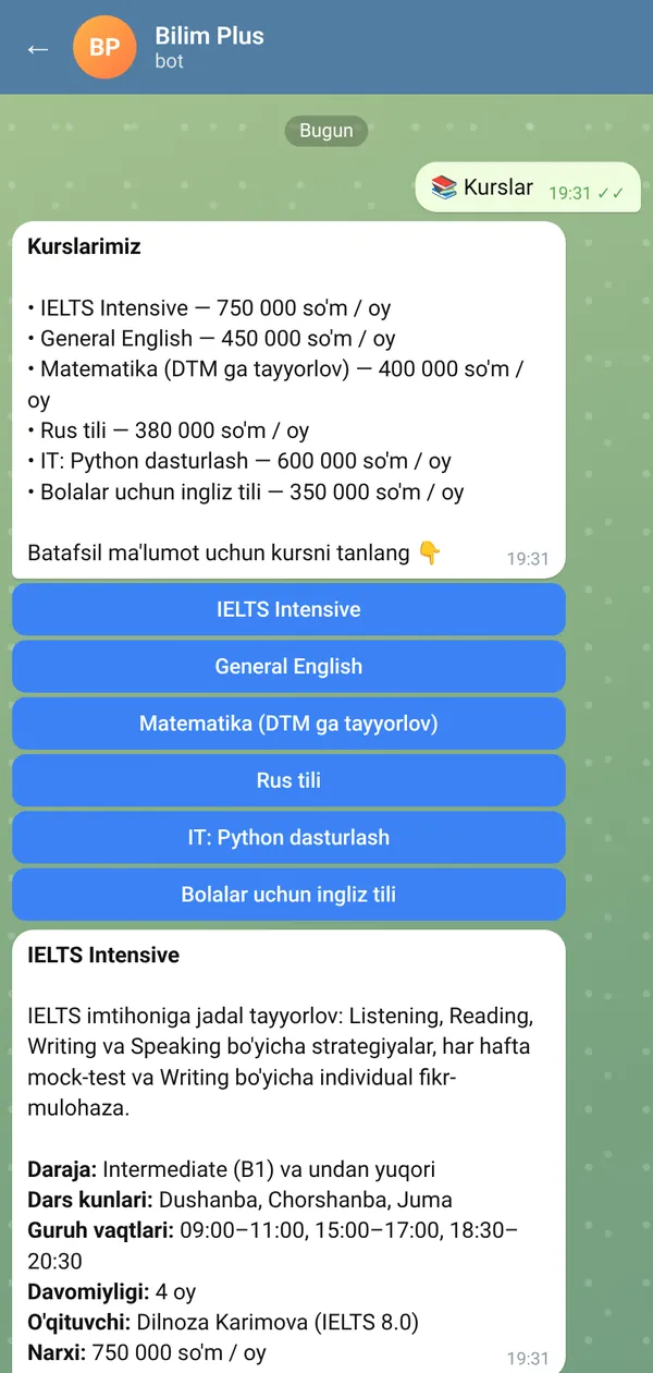 Bilim Plus Bot — screen 1